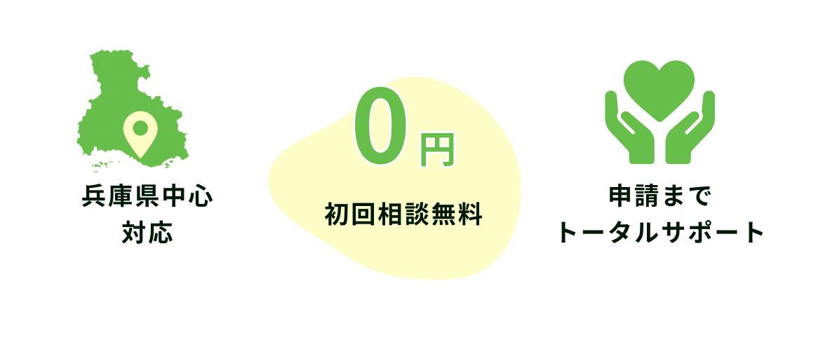 兵庫県中心対応。初回相談無料が0円。申請までトータルサポート。
